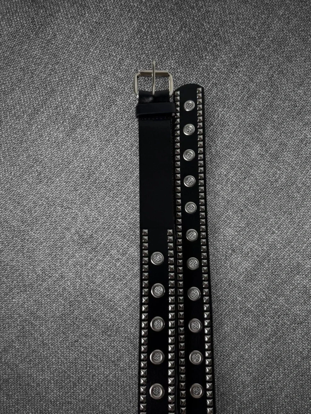 Black Faux Leather Wide Grommet Belt Silver Studded Punk Y2K 44 Inch